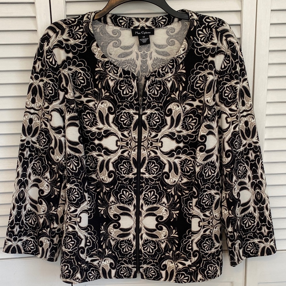 Nue Opions Women's Size 14 Jacket Blazer Full Zip Lightweight Black Cream Office